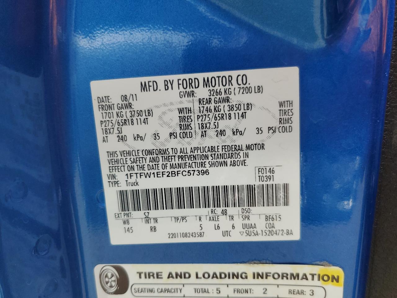 2011 Ford F150 Supercrew VIN: 1FTFW1EF2BFC57396 Lot: 59119454