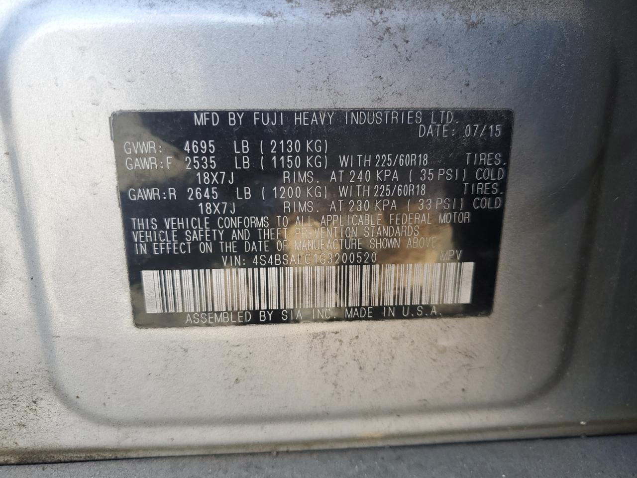 2016 Subaru Outback 2.5I Limited VIN: 4S4BSALC1G3200520 Lot: 60619554