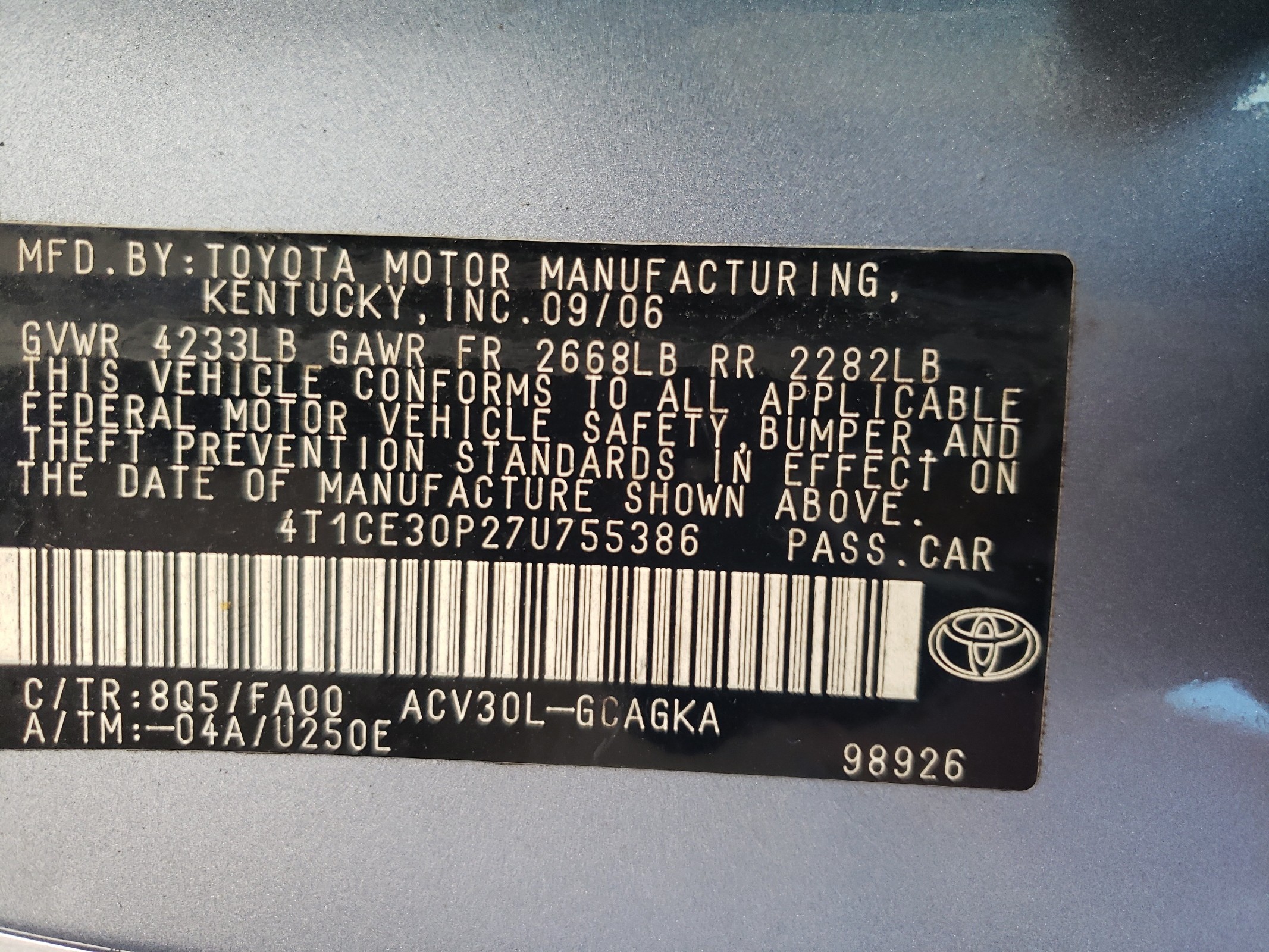 4T1CE30P27U755386 2007 Toyota Camry Solara Se