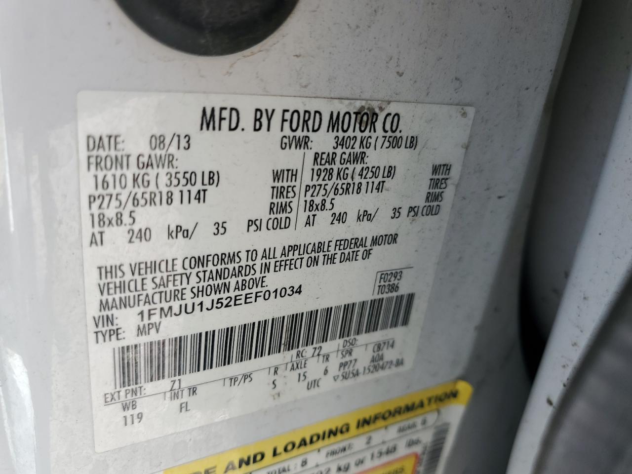 2014 Ford Expedition Xlt VIN: 1FMJU1J52EEF01034 Lot: 58216214