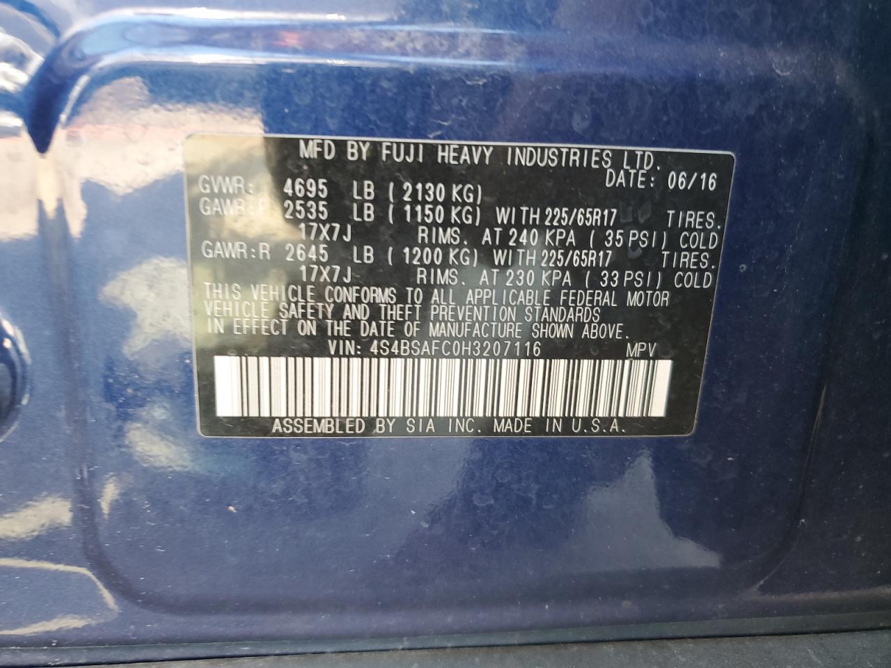 2017 Subaru Outback 2.5I Premium VIN: 4S4BSAFC0H3207116 Lot: 59148874