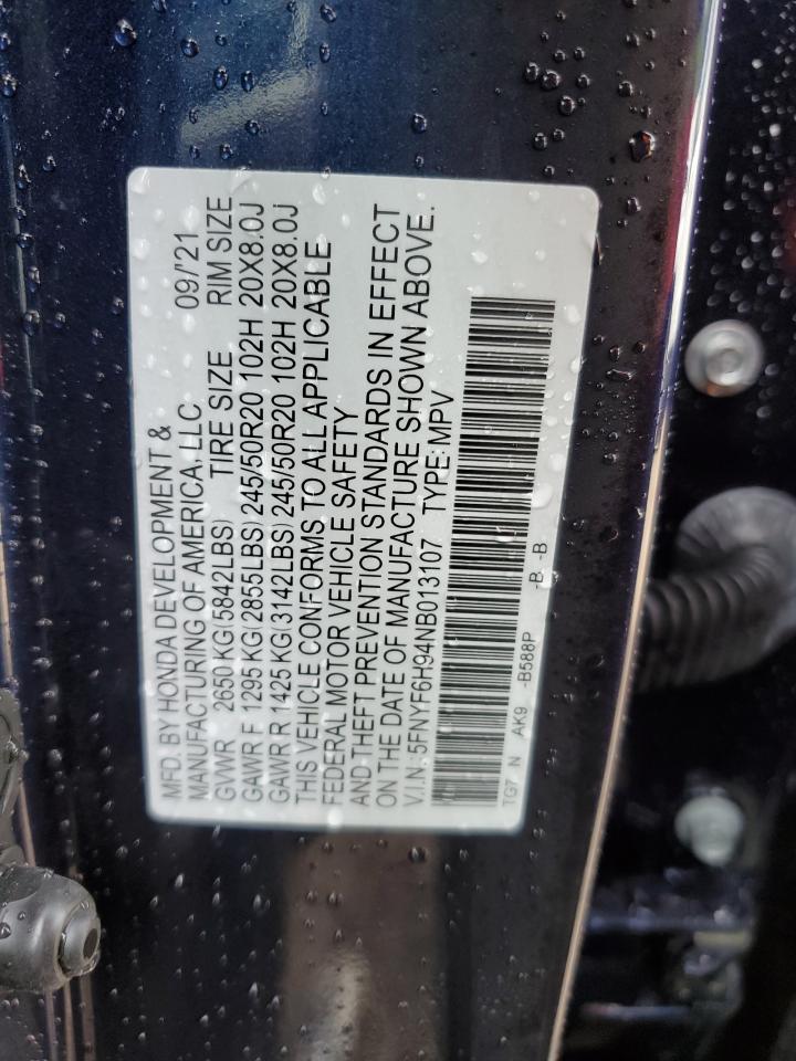 2022 Honda Pilot Touring VIN: 5FNYF6H94NB013107 Lot: 58752304