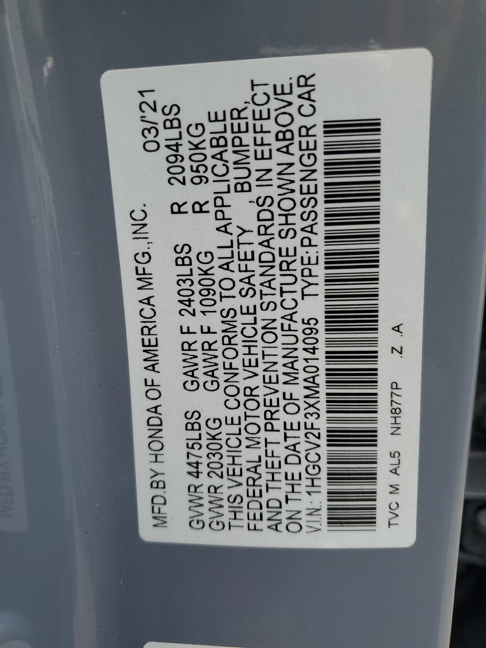 1HGCV2F3XMA014095 2021 Honda Accord Sport