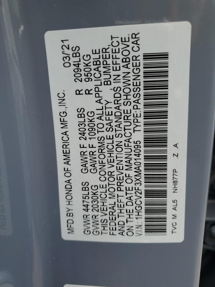 2021 Honda Accord Sport VIN: 1HGCV2F3XMA014095 Lot: 57650264