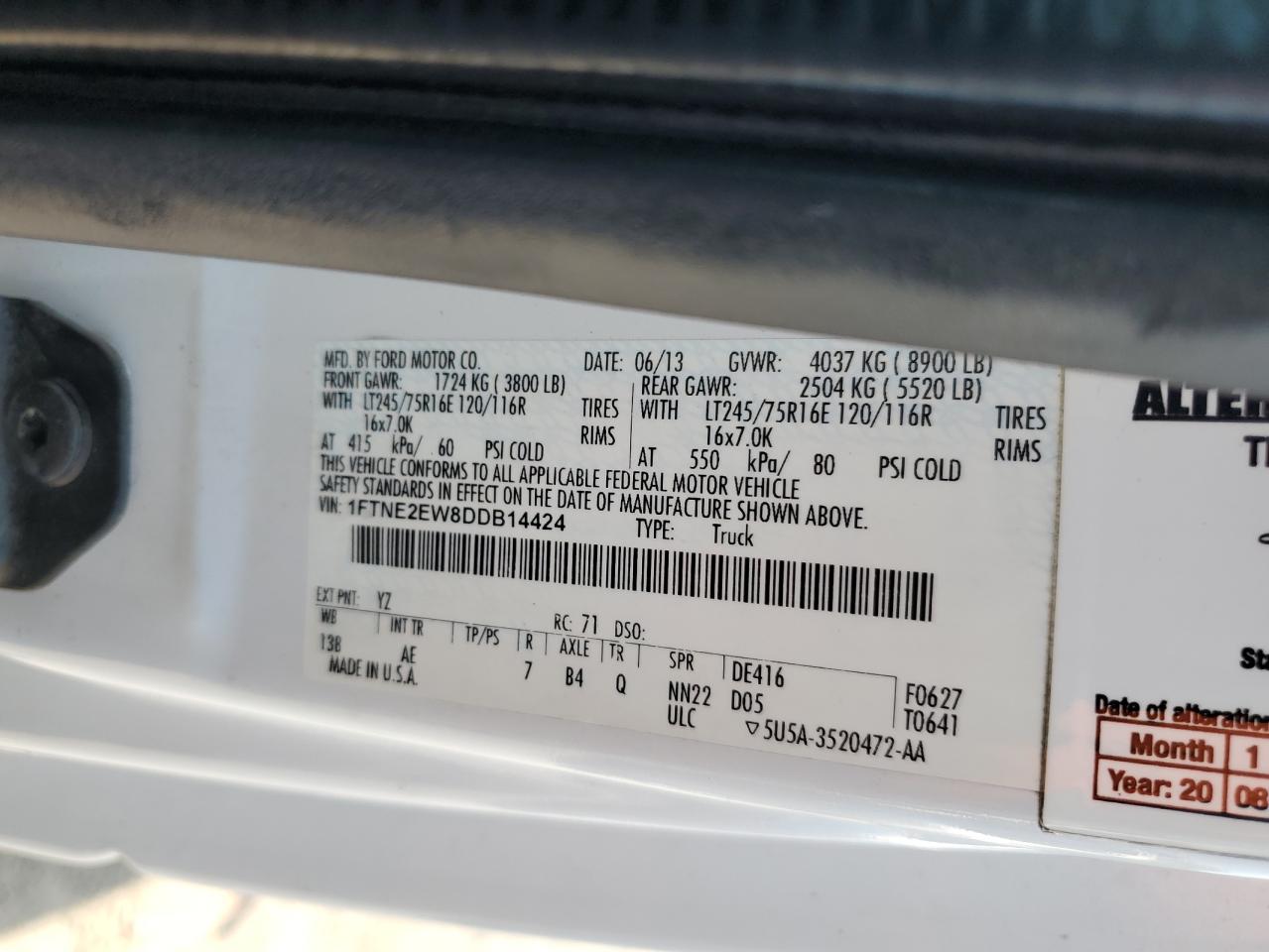 2013 Ford Econoline E250 Van VIN: 1FTNE2EW8DDB14424 Lot: 66884764