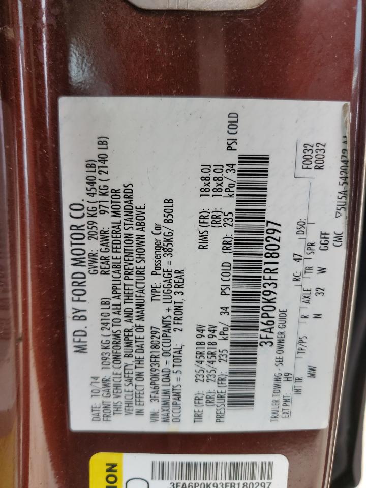 2015 Ford Fusion Titanium VIN: 3FA6P0K93FR180297 Lot: 59273274