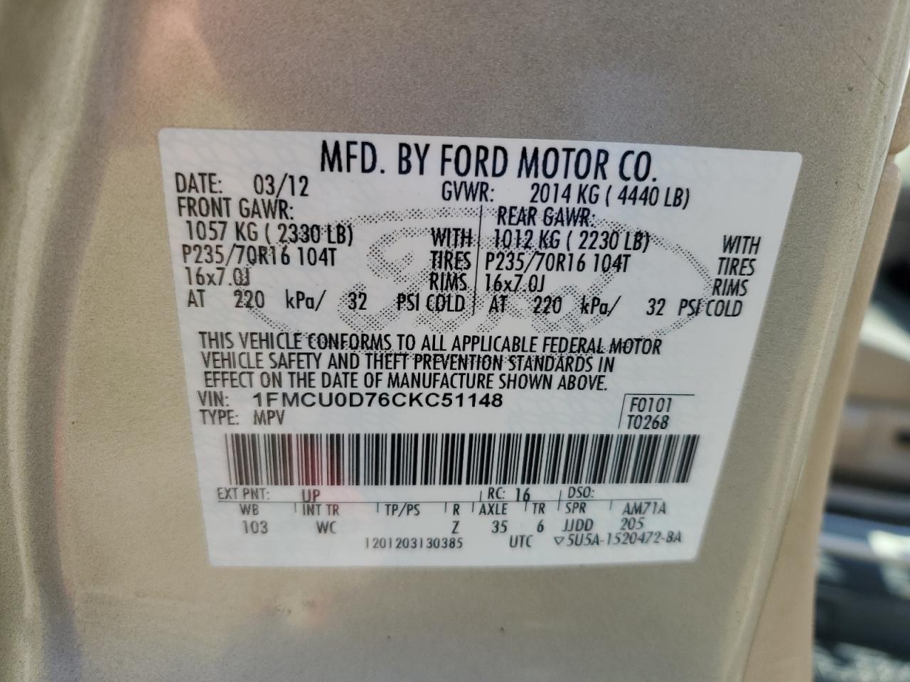 2012 Ford Escape Xlt VIN: 1FMCU0D76CKC51148 Lot: 61016994