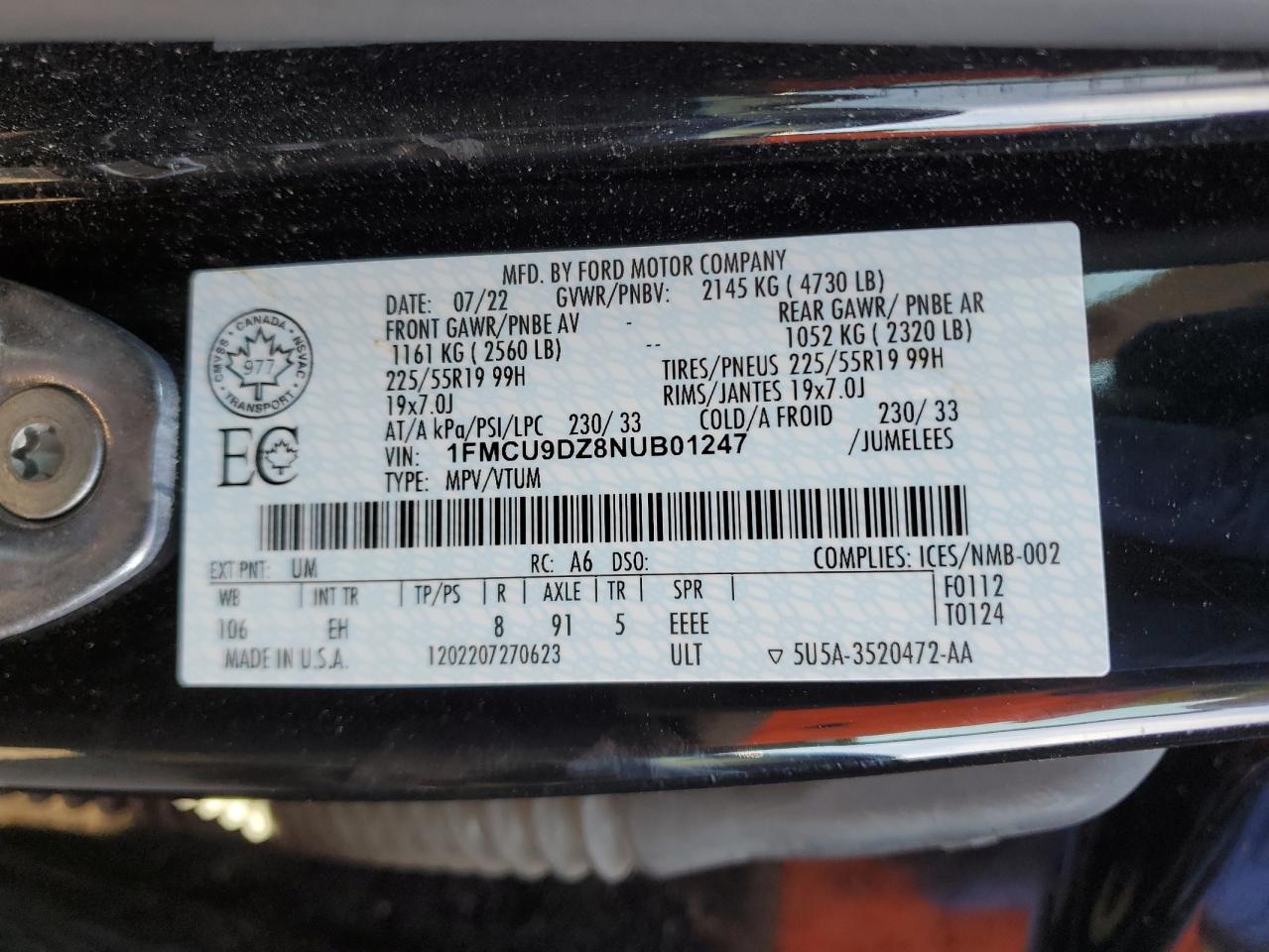 2022 Ford Escape Titanium VIN: 1FMCU9DZ8NUB01247 Lot: 59704944