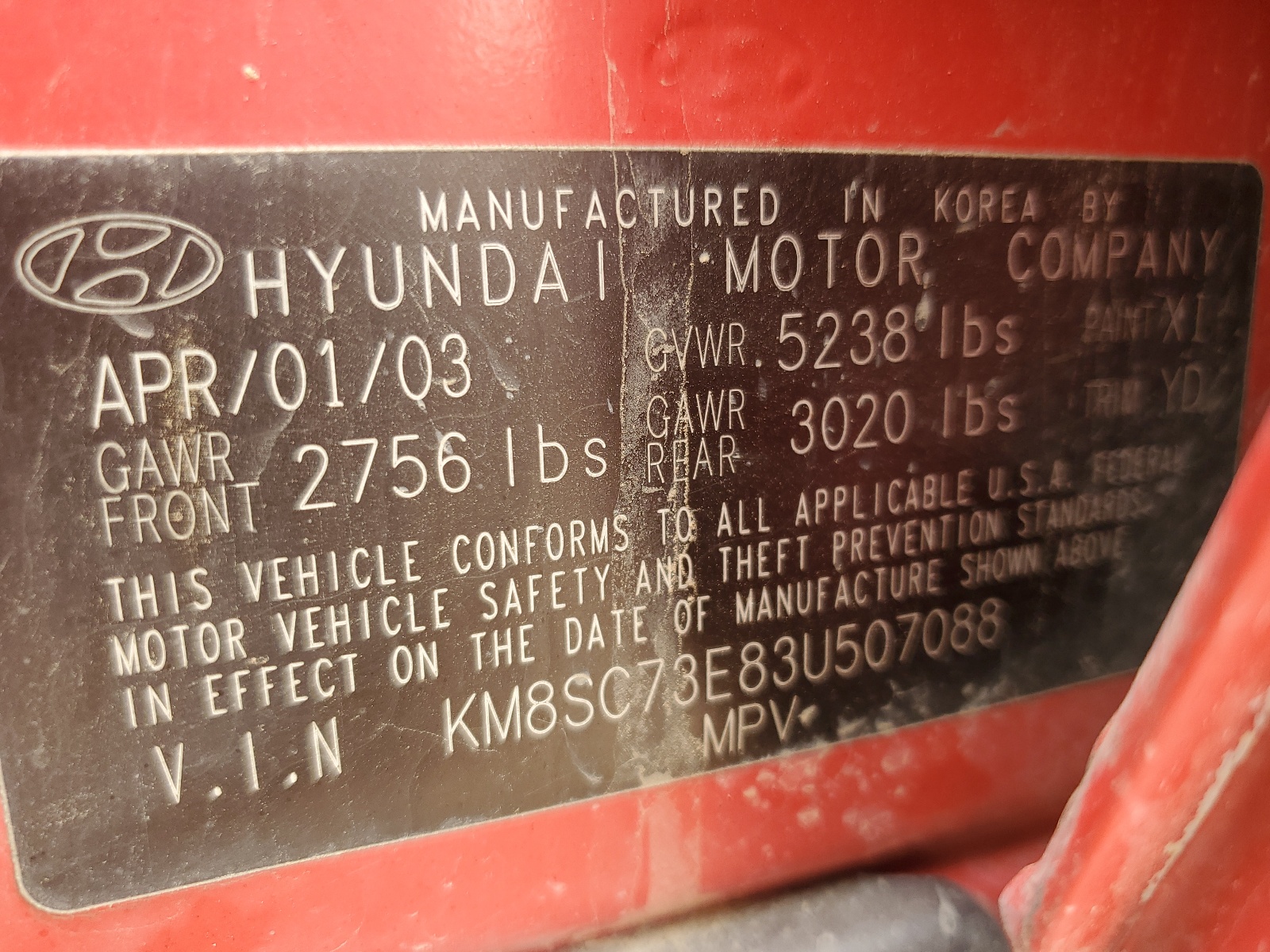 KM8SC73E83U507088 2003 Hyundai Santa Fe Gls