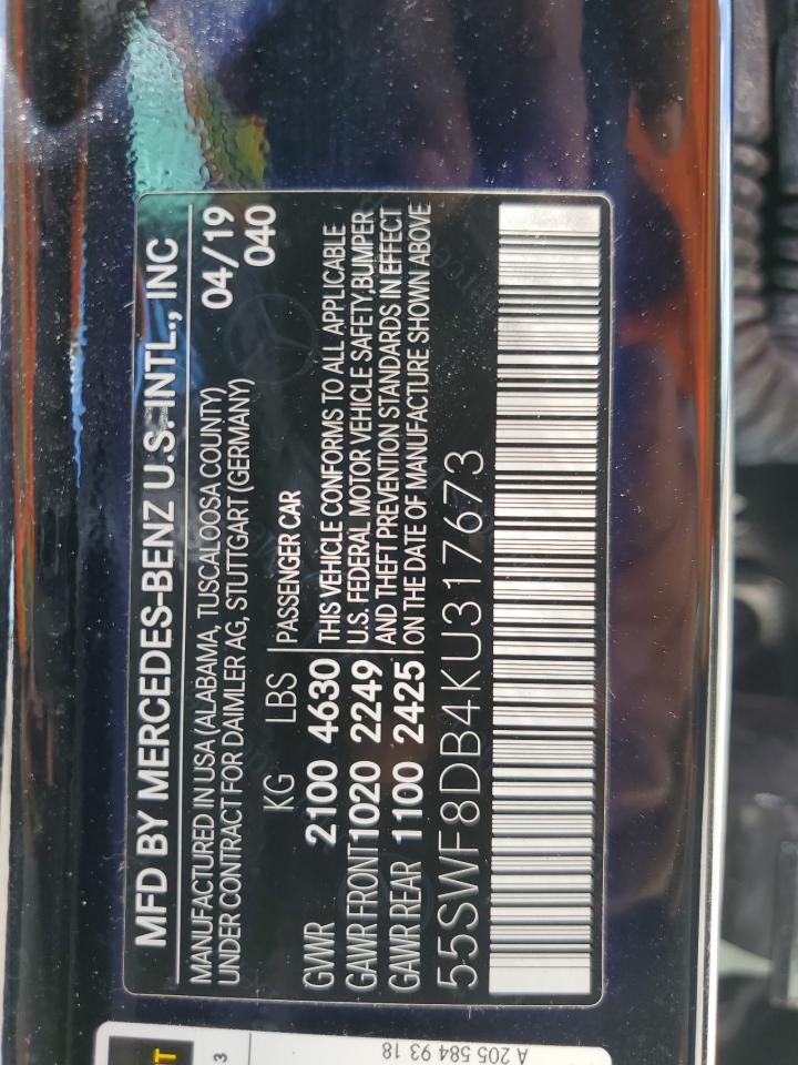 2019 Mercedes-Benz C 300 VIN: 55SWF8DB4KU317673 Lot: 60216714