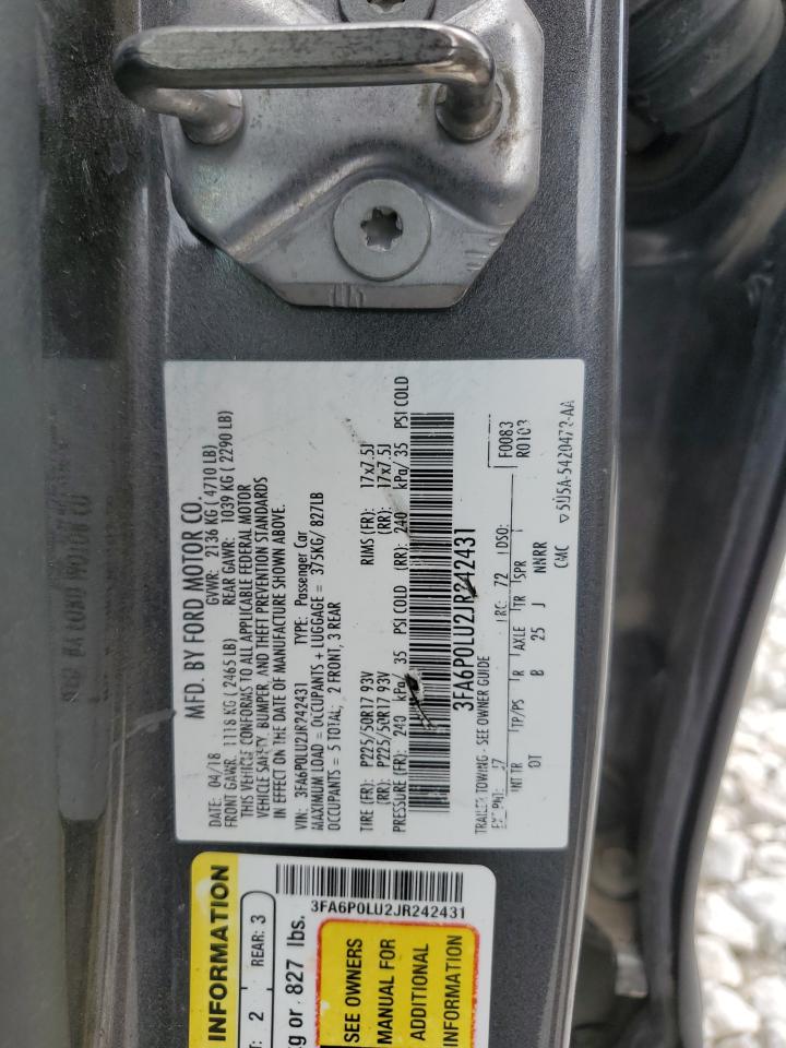 2018 Ford Fusion Se Hybrid VIN: 3FA6P0LU2JR242431 Lot: 58159754