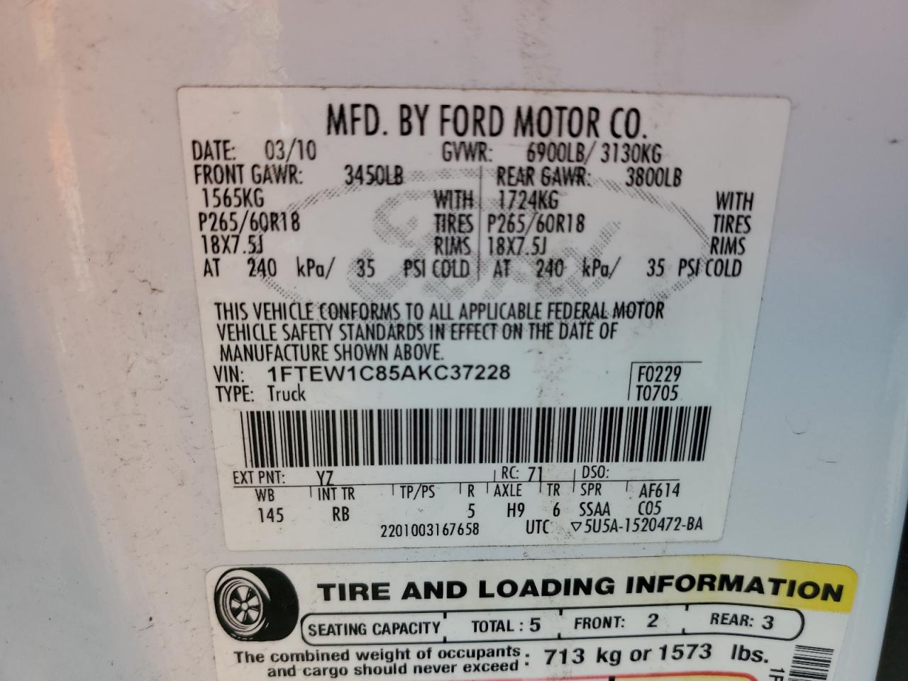 2010 Ford F150 Supercrew VIN: 1FTEW1C85AKC37228 Lot: 57866594