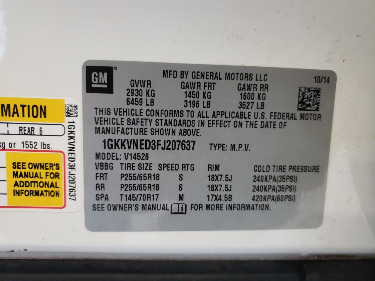 1GKKVNED3FJ207637 2015 GMC Acadia Sle