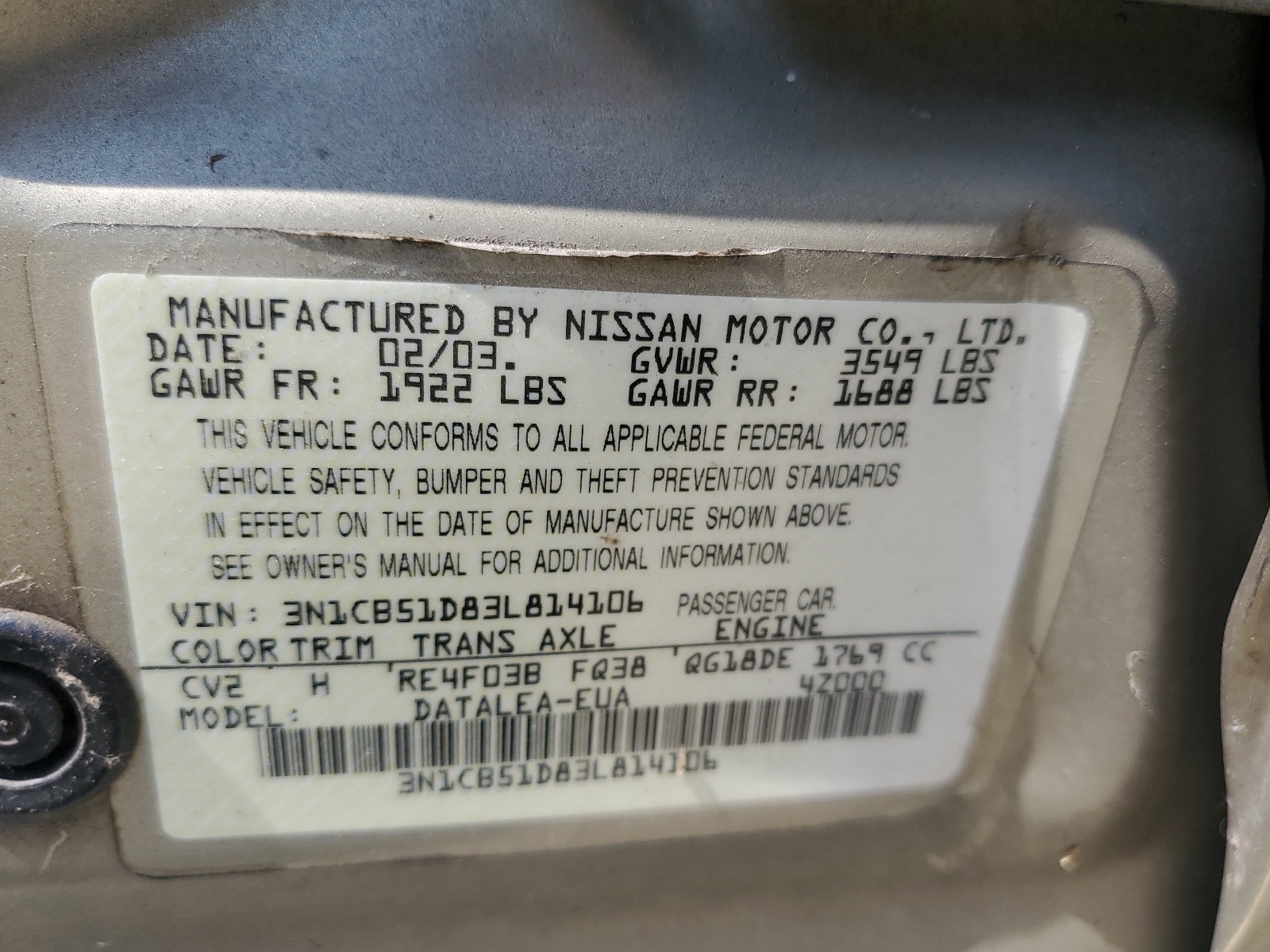 3N1CB51D83L814106 2003 Nissan Sentra Xe