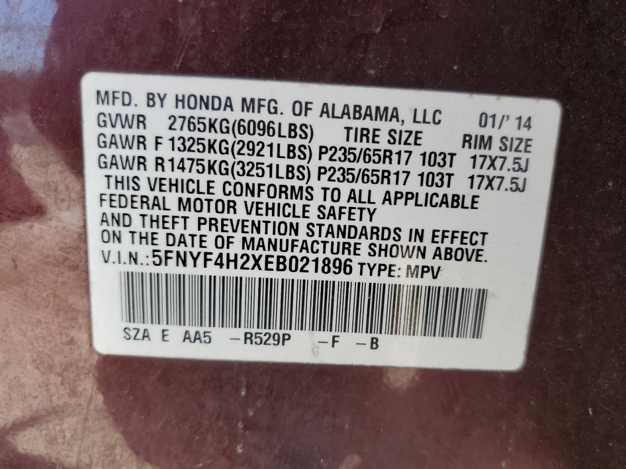 2014 Honda Pilot Lx VIN: 5FNYF4H2XEB021896 Lot: 59950114