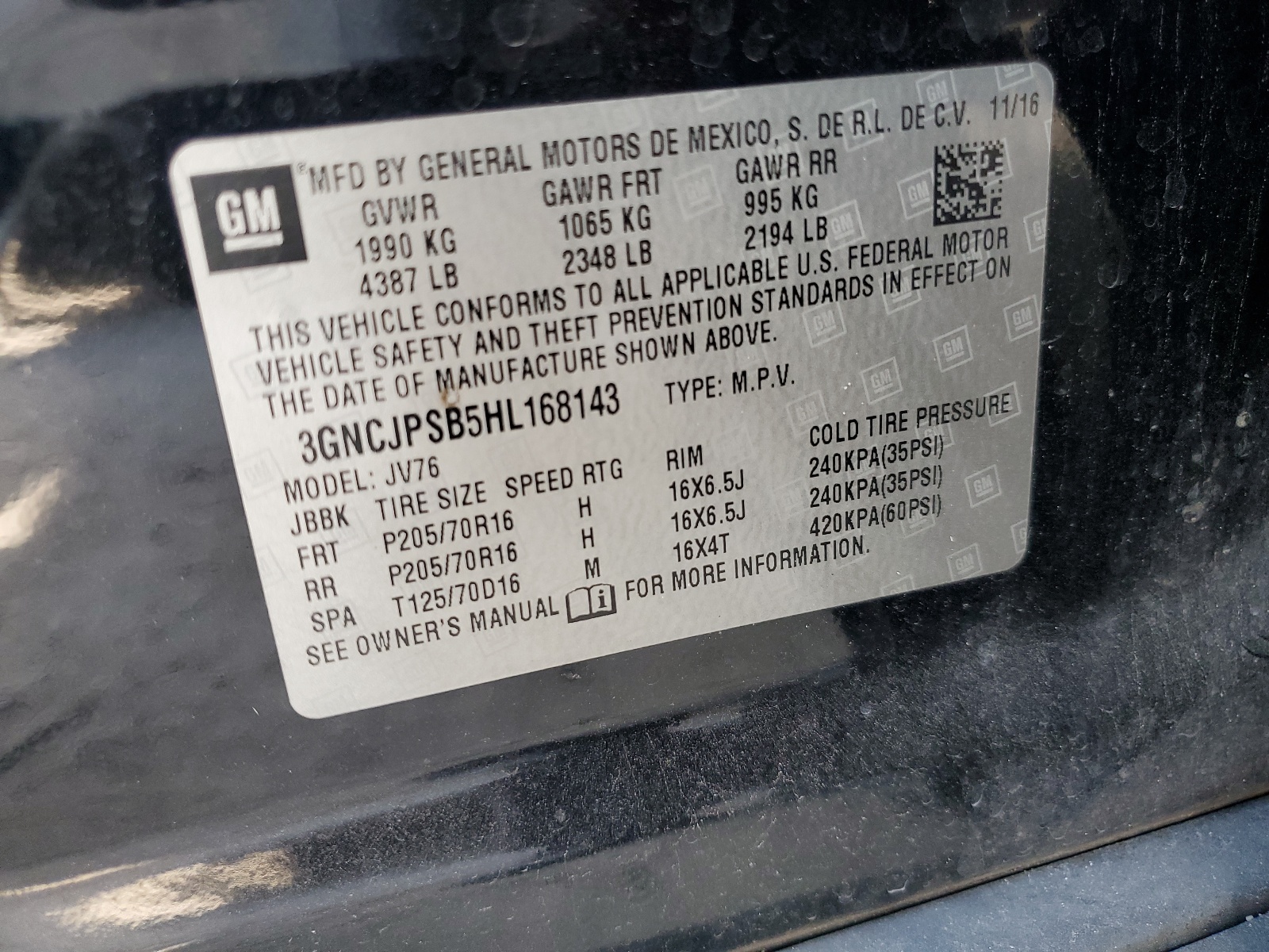 3GNCJPSB5HL168143 2017 Chevrolet Trax 1Lt