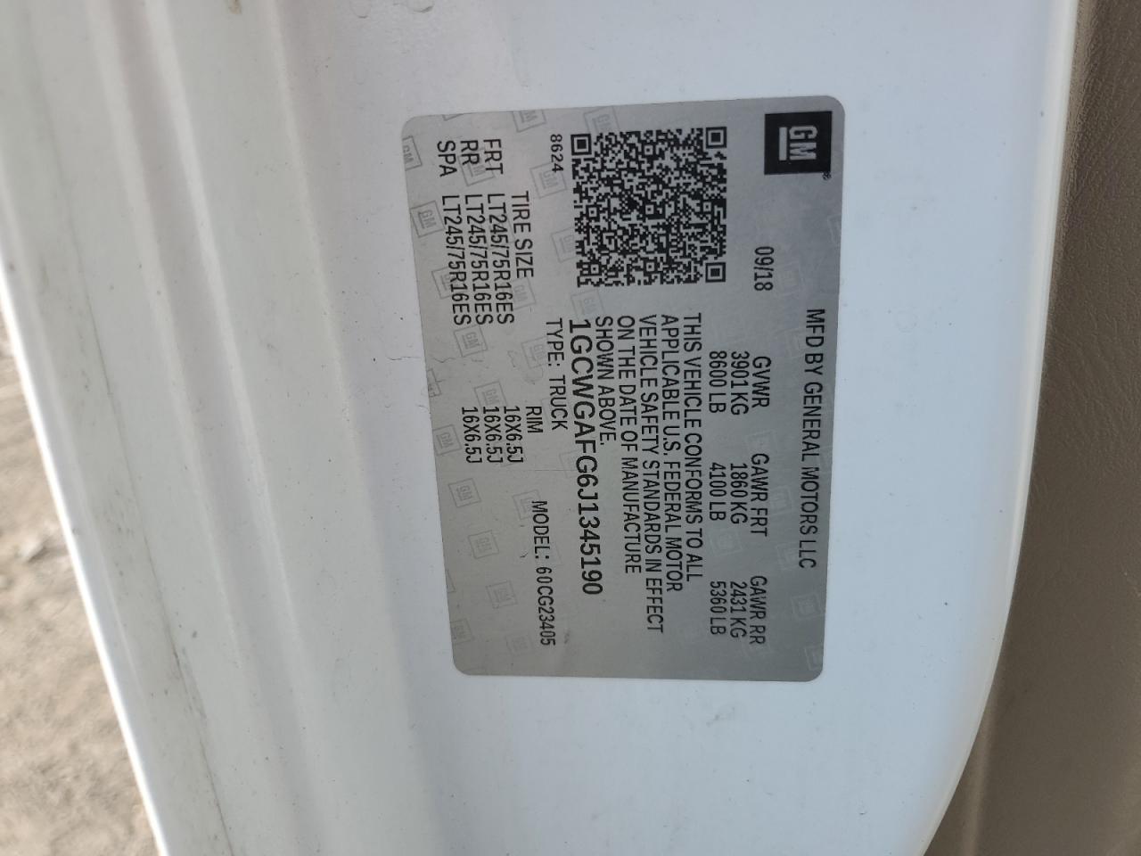 2018 Chevrolet Express G2500 VIN: 1GCWGAFG6J1345190 Lot: 60038774