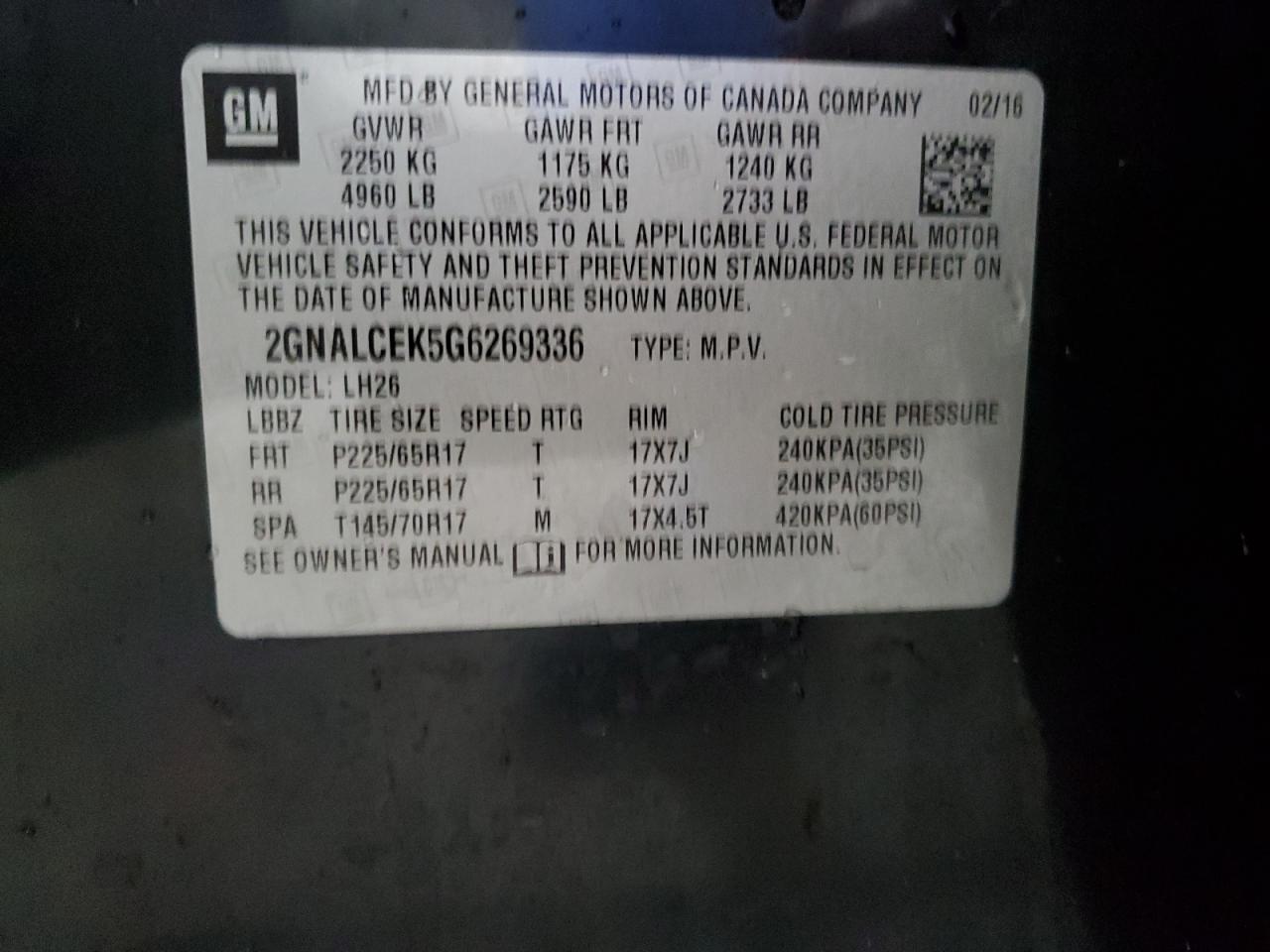 2016 Chevrolet Equinox Lt VIN: 2GNALCEK5G6269336 Lot: 58819574