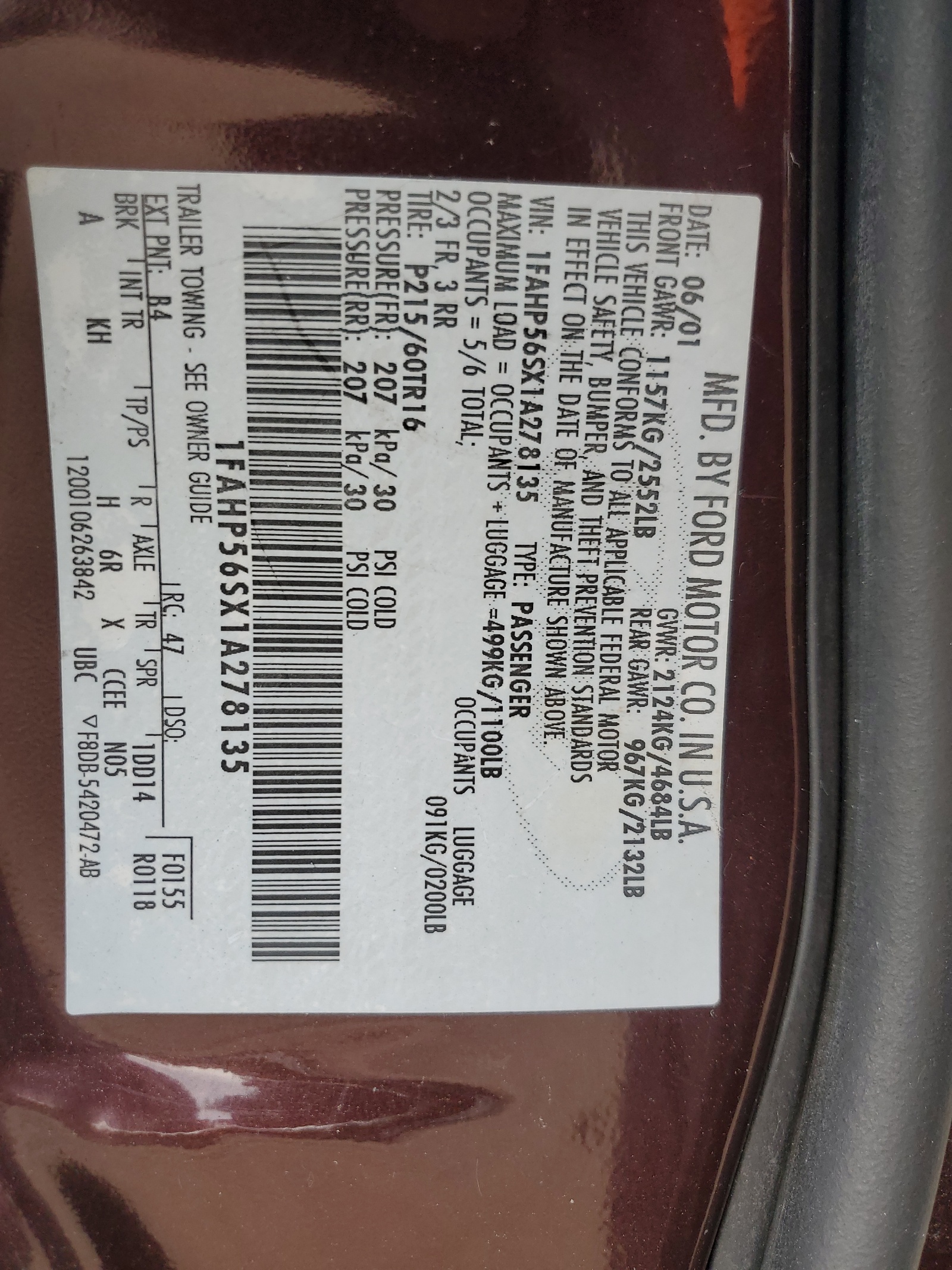 1FAHP56SX1A278135 2001 Ford Taurus Sel