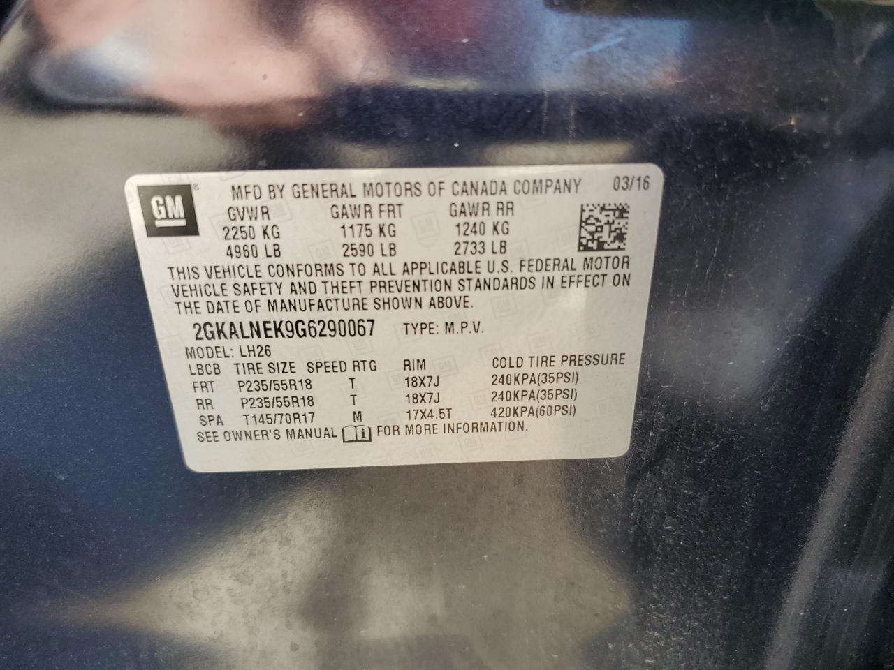 2016 GMC Terrain Sle VIN: 2GKALNEK9G6290067 Lot: 58745714