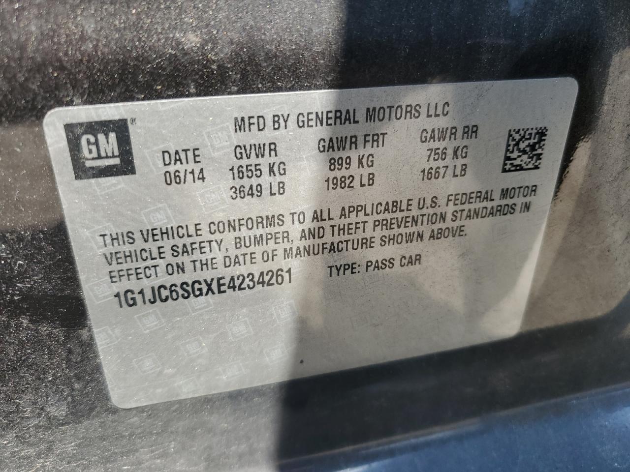2014 Chevrolet Sonic Lt VIN: 1G1JC6SGXE4234261 Lot: 60103054