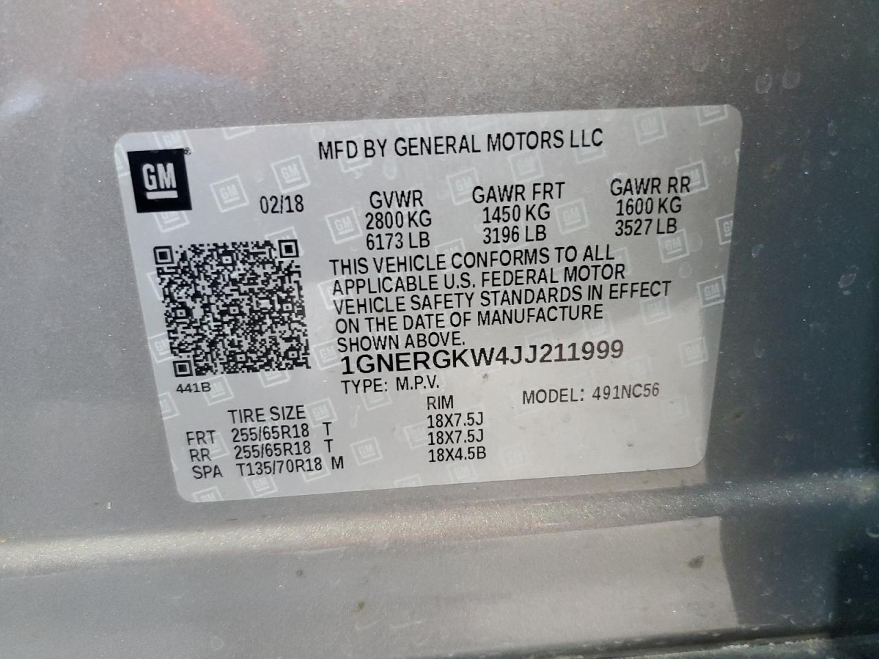 2018 Chevrolet Traverse Lt VIN: 1GNERGKW4JJ211999 Lot: 52599254