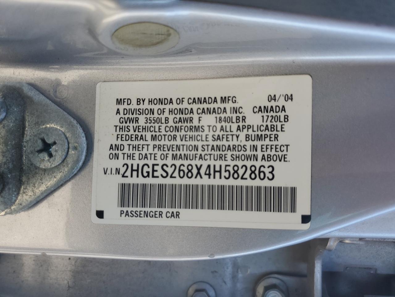 2004 Honda Civic Ex VIN: 2HGES268X4H582863 Lot: 59969384