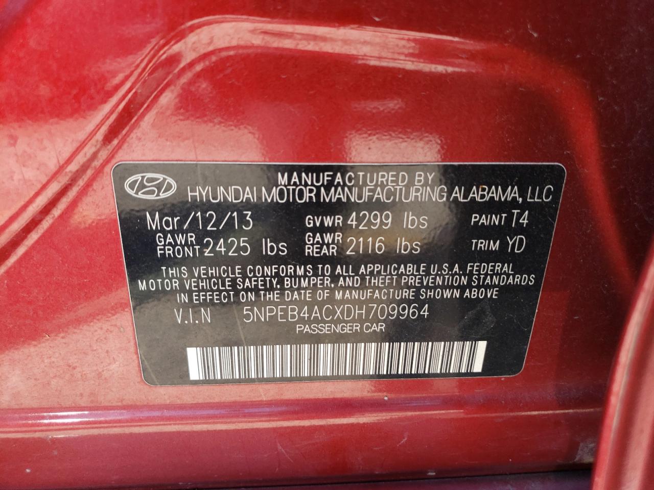 5NPEB4ACXDH709964 2013 Hyundai Sonata Gls