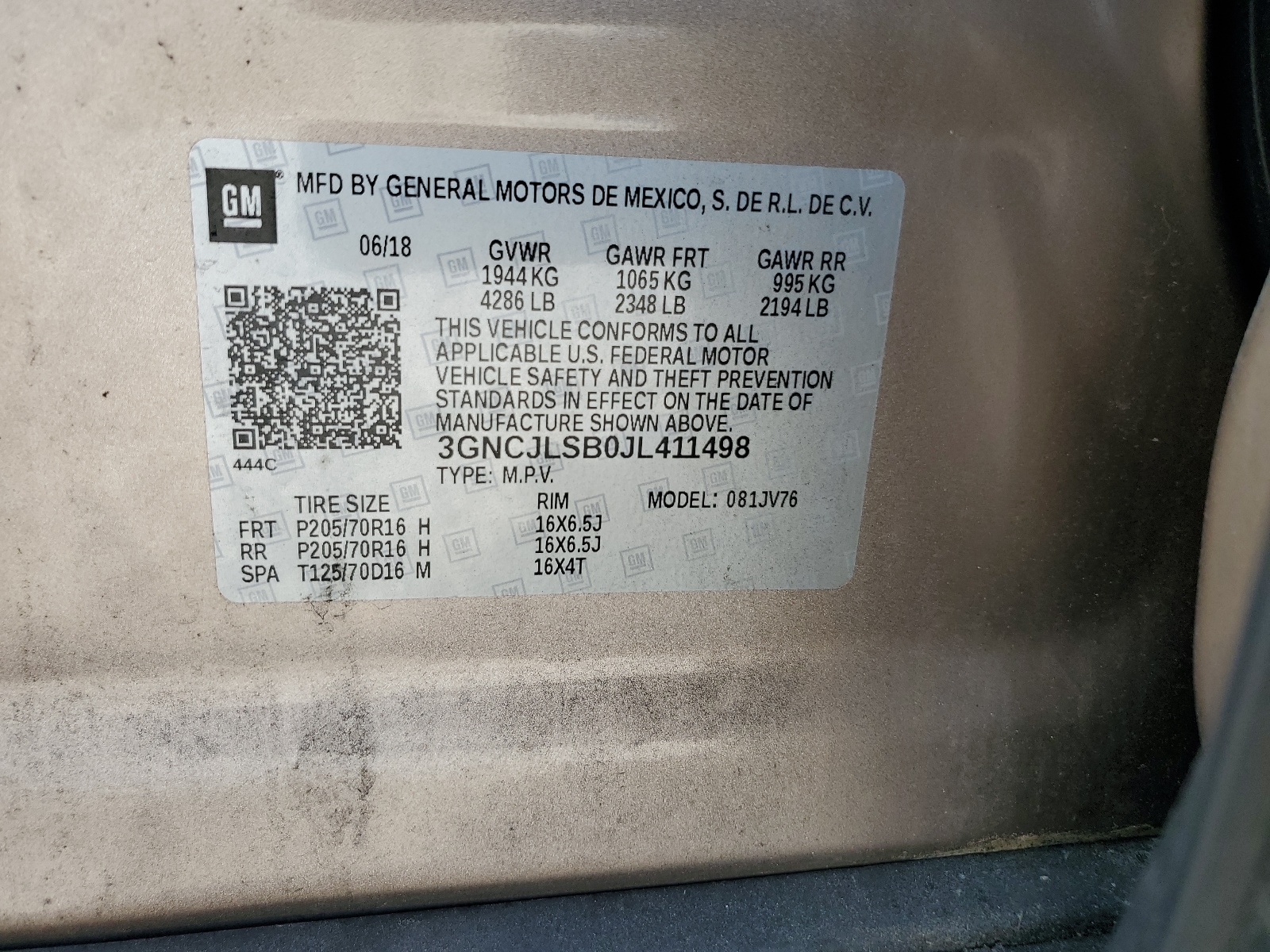 3GNCJLSB0JL411498 2018 Chevrolet Trax 1Lt