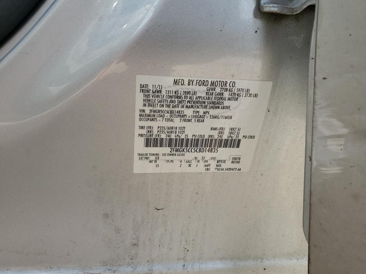 2012 Ford Flex Sel VIN: 2FMGK5CC5CBD14835 Lot: 60294584