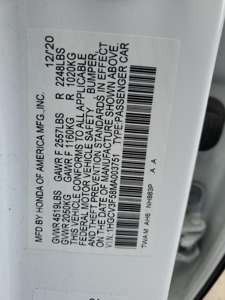 2021 Honda Accord Hybrid Exl VIN: 1HGCV3F58MA003751 Lot: 60170784