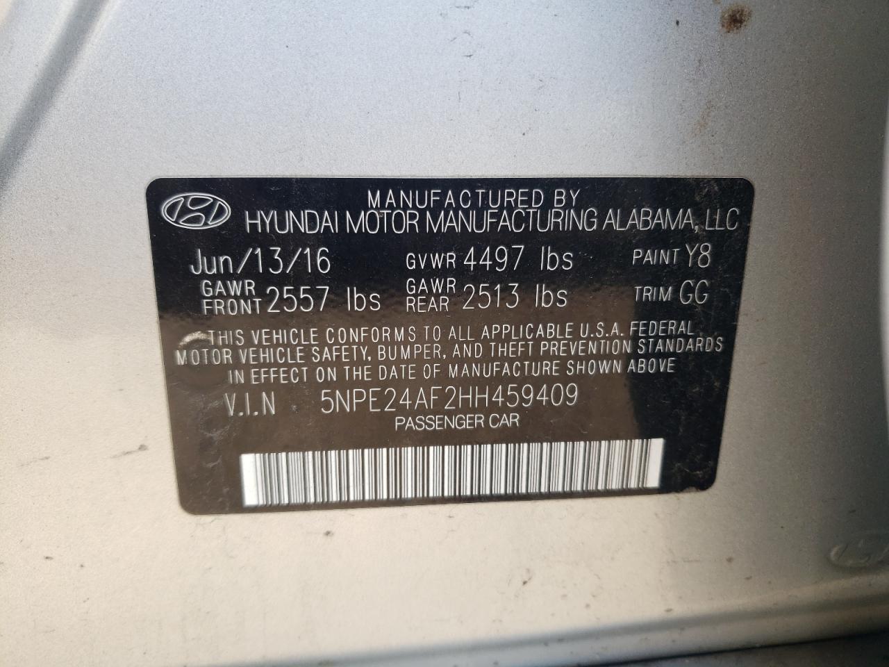 2017 Hyundai Sonata Se VIN: 5NPE24AF2HH459409 Lot: 60425194