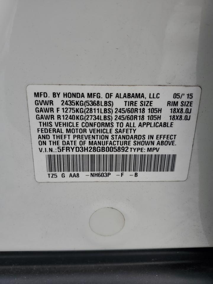 2016 Acura Mdx VIN: 5FRYD3H28GB005892 Lot: 59441084