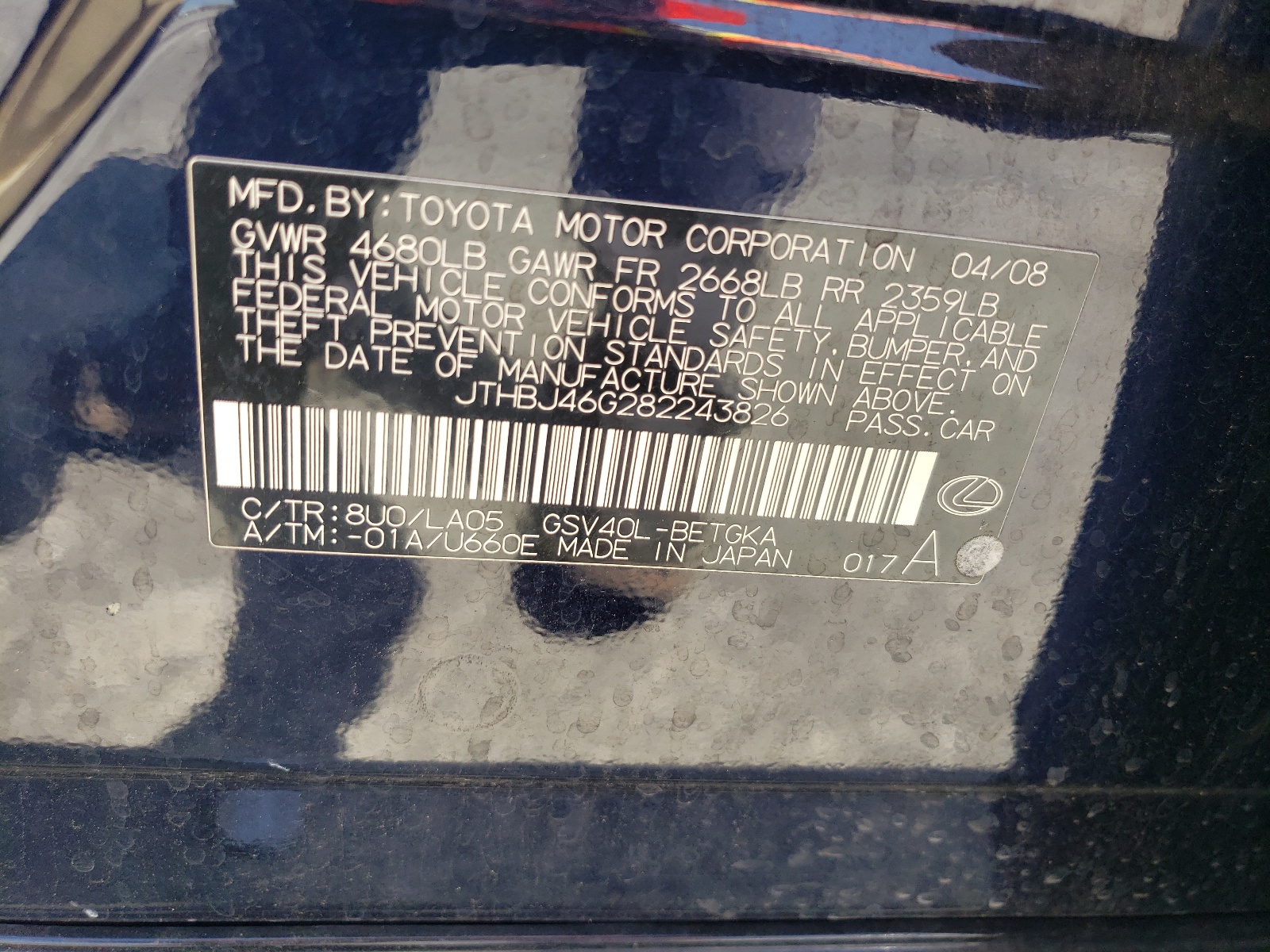 JTHBJ46G282243826 2008 Lexus Es 350