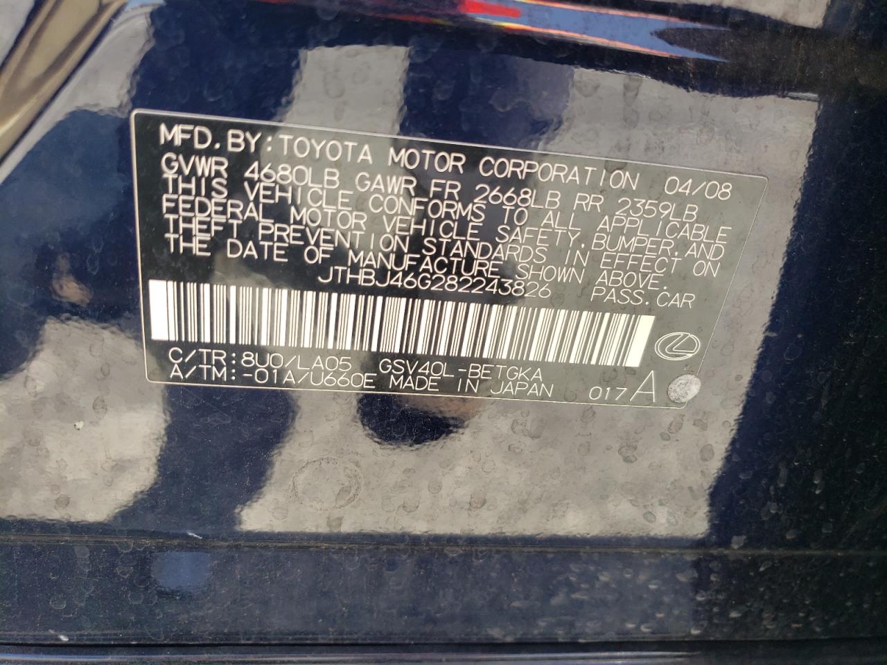 2008 Lexus Es 350 VIN: JTHBJ46G282243826 Lot: 60137704