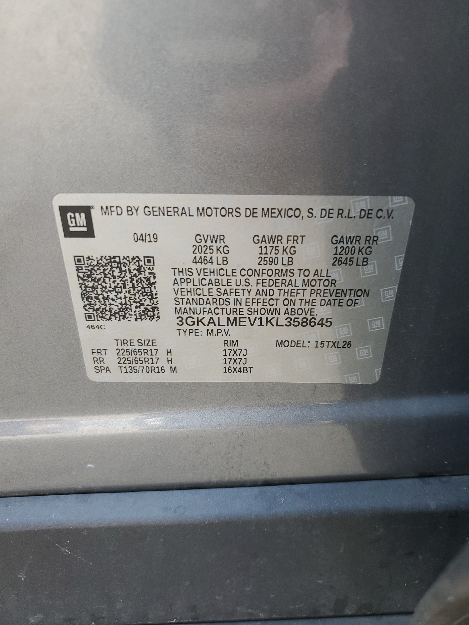 3GKALMEV1KL358645 2019 GMC Terrain Sle