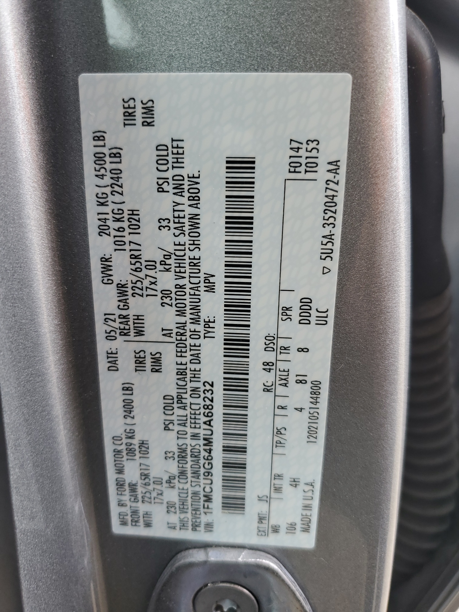 1FMCU9G64MUA68232 2021 Ford Escape Se