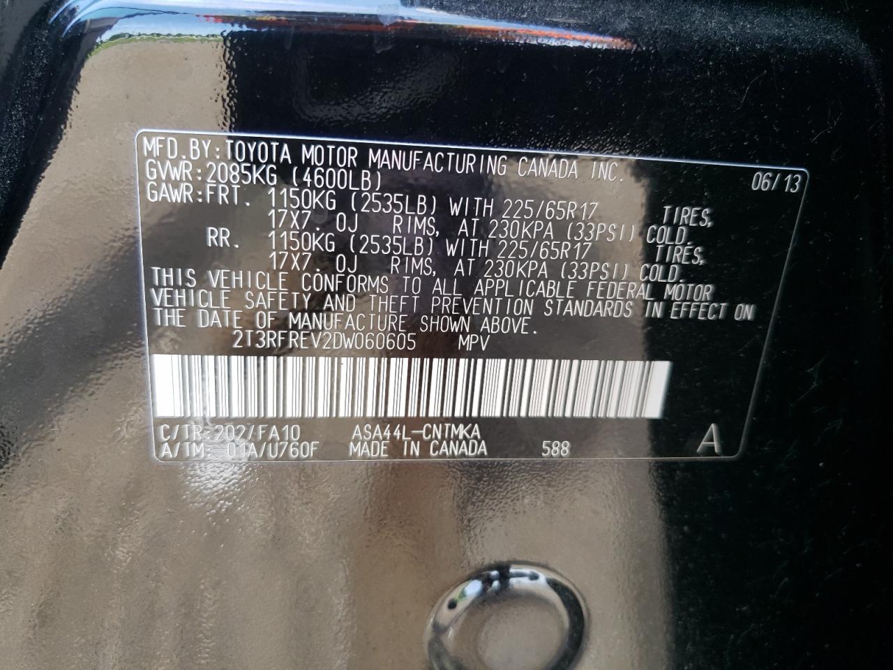 2013 Toyota Rav4 Xle VIN: 2T3RFREV2DW060605 Lot: 59985054