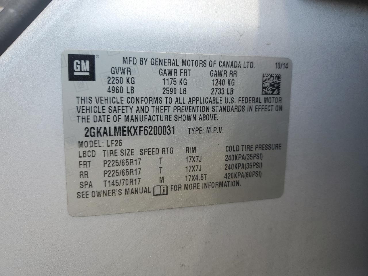 2015 GMC Terrain Sle VIN: 2GKALMEKXF6200031 Lot: 59648984