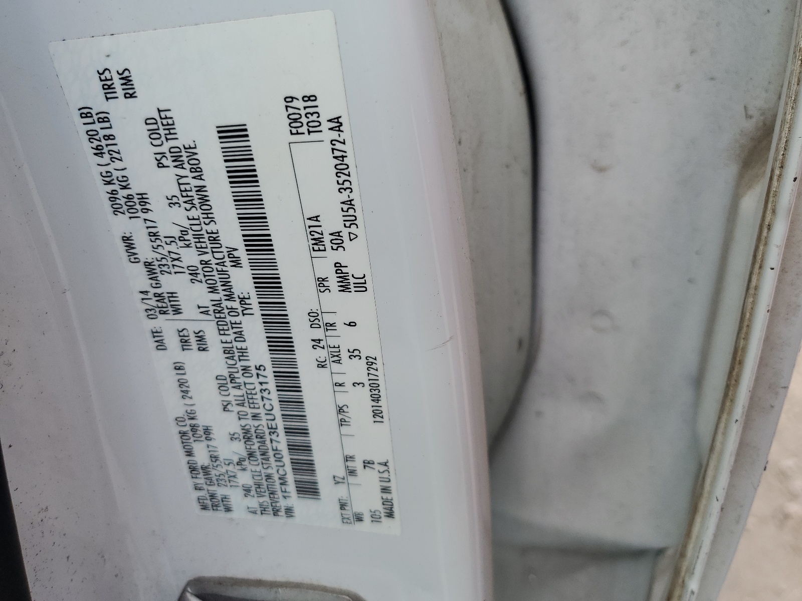 1FMCU0F73EUC73175 2014 Ford Escape S