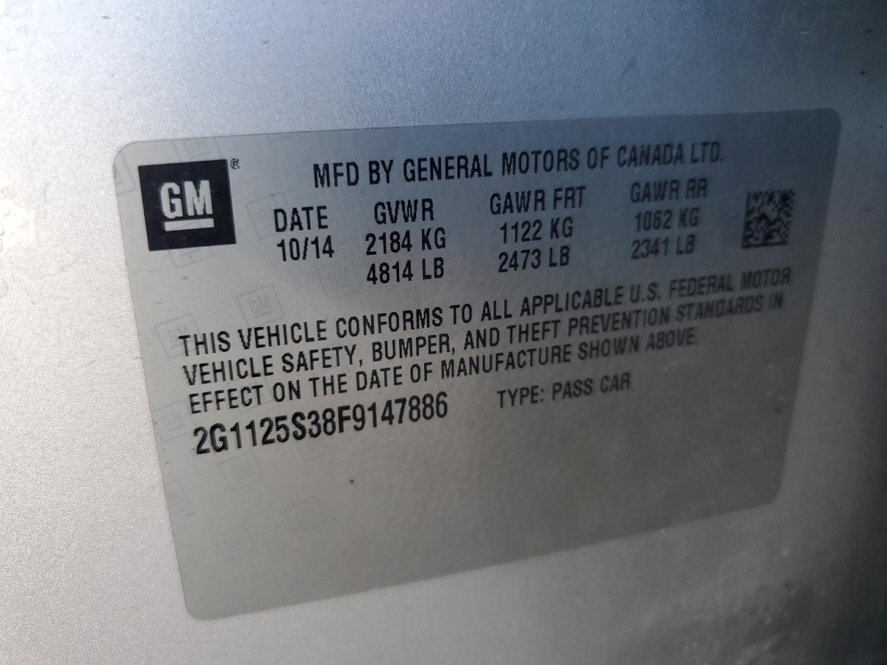 2G1125S38F9147886 2015 Chevrolet Impala Lt