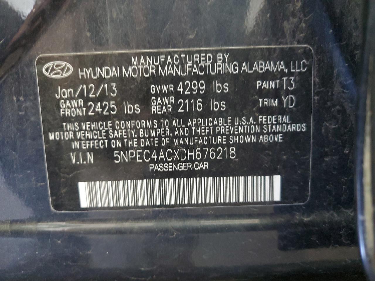 2013 Hyundai Sonata Se VIN: 5NPEC4ACXDH676218 Lot: 59518174