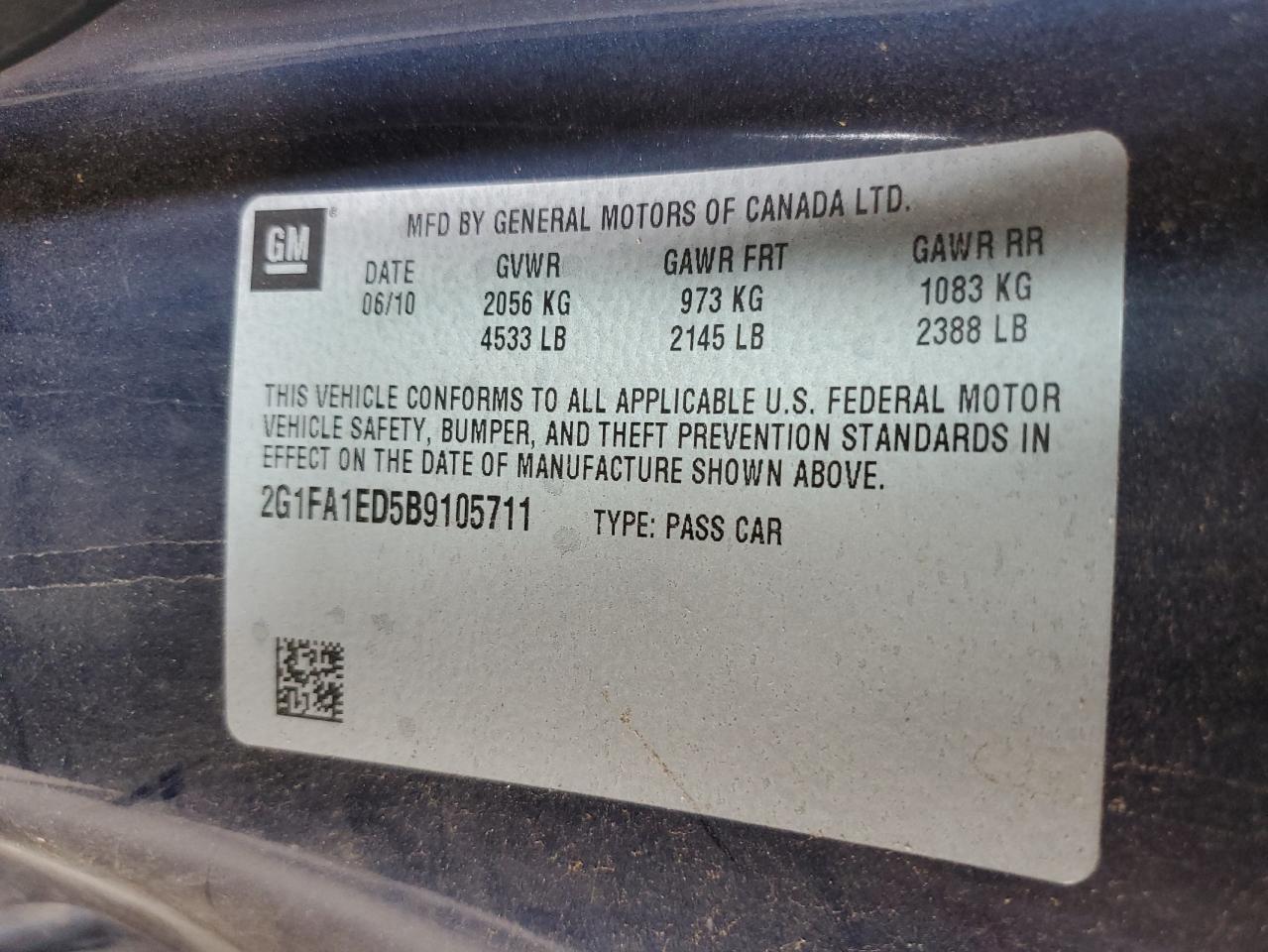 2011 Chevrolet Camaro Ls VIN: 2G1FA1ED5B9105711 Lot: 59316064