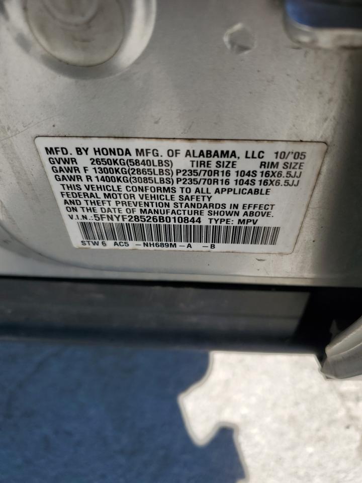 2006 Honda Pilot Ex VIN: 5FNYF28526B010844 Lot: 58120794