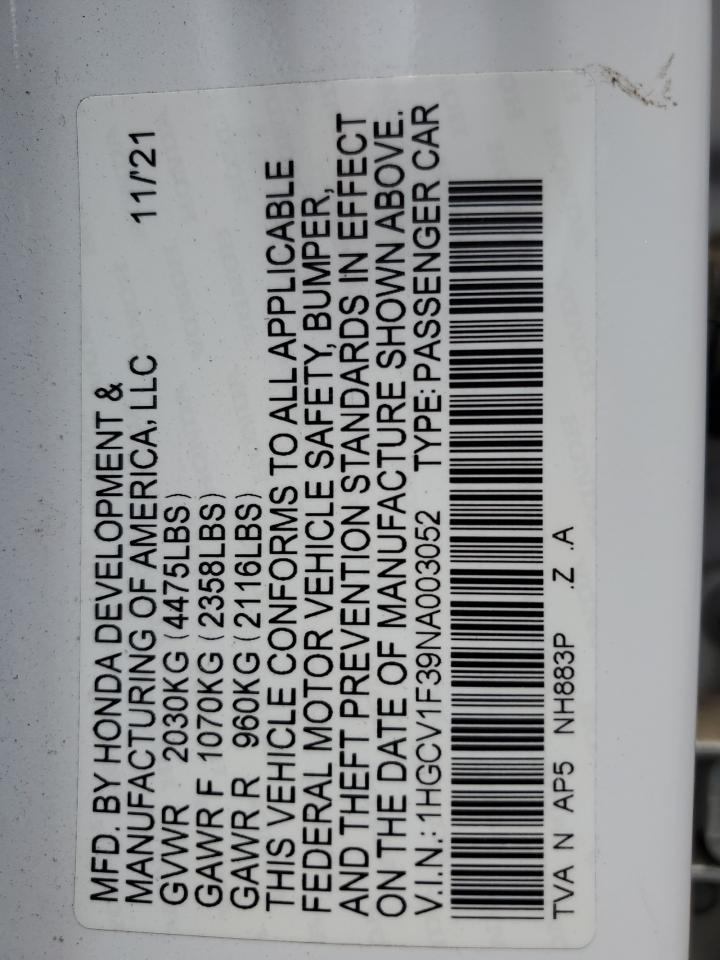 2022 Honda Accord Sport VIN: 1HGCV1F39NA003052 Lot: 60049094