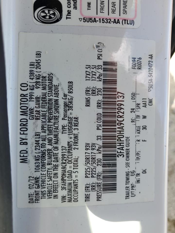 2012 Ford Fusion Se VIN: 3FAHP0HA9CR299137 Lot: 60276234