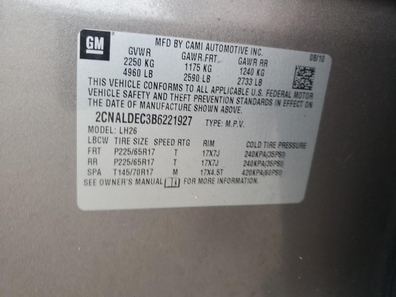 2011 Chevrolet Equinox Lt VIN: 2CNALDEC3B6221927 Lot: 60313294