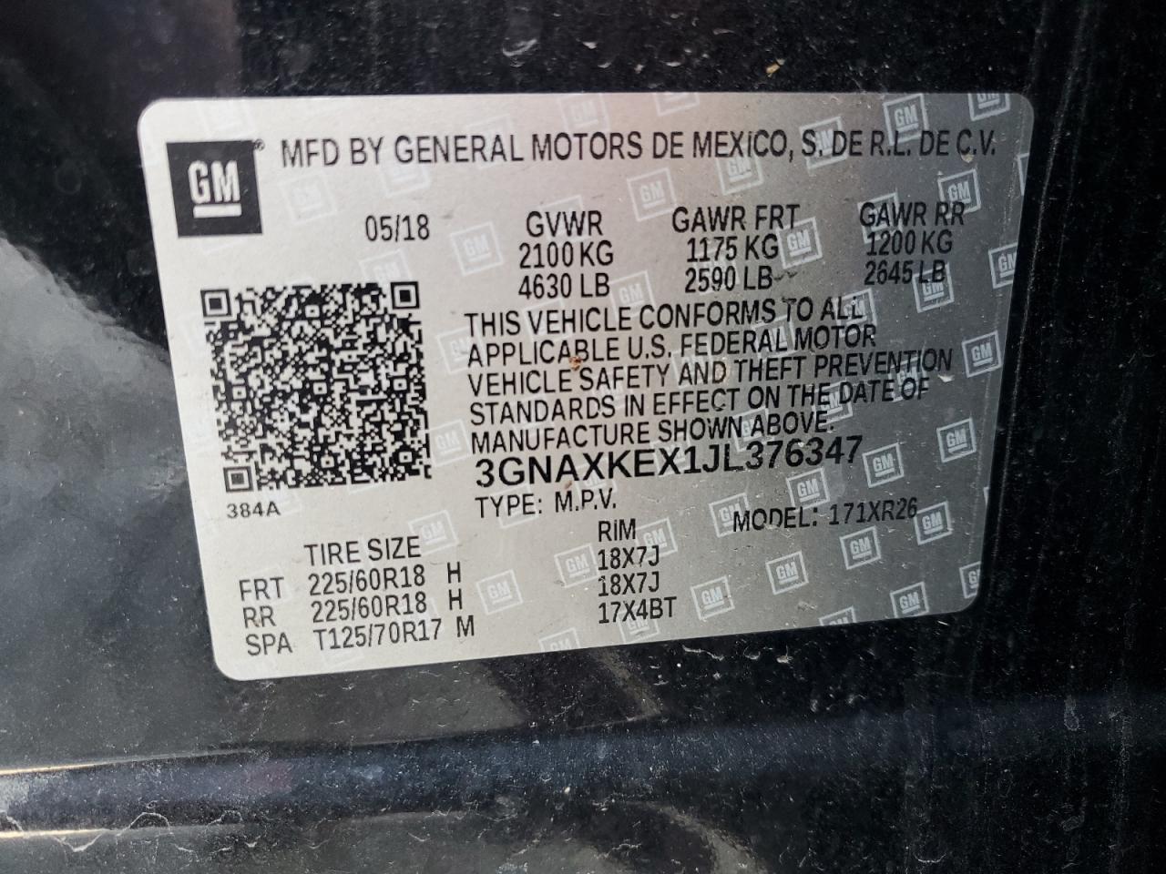 3GNAXKEX1JL376347 2018 Chevrolet Equinox Lt