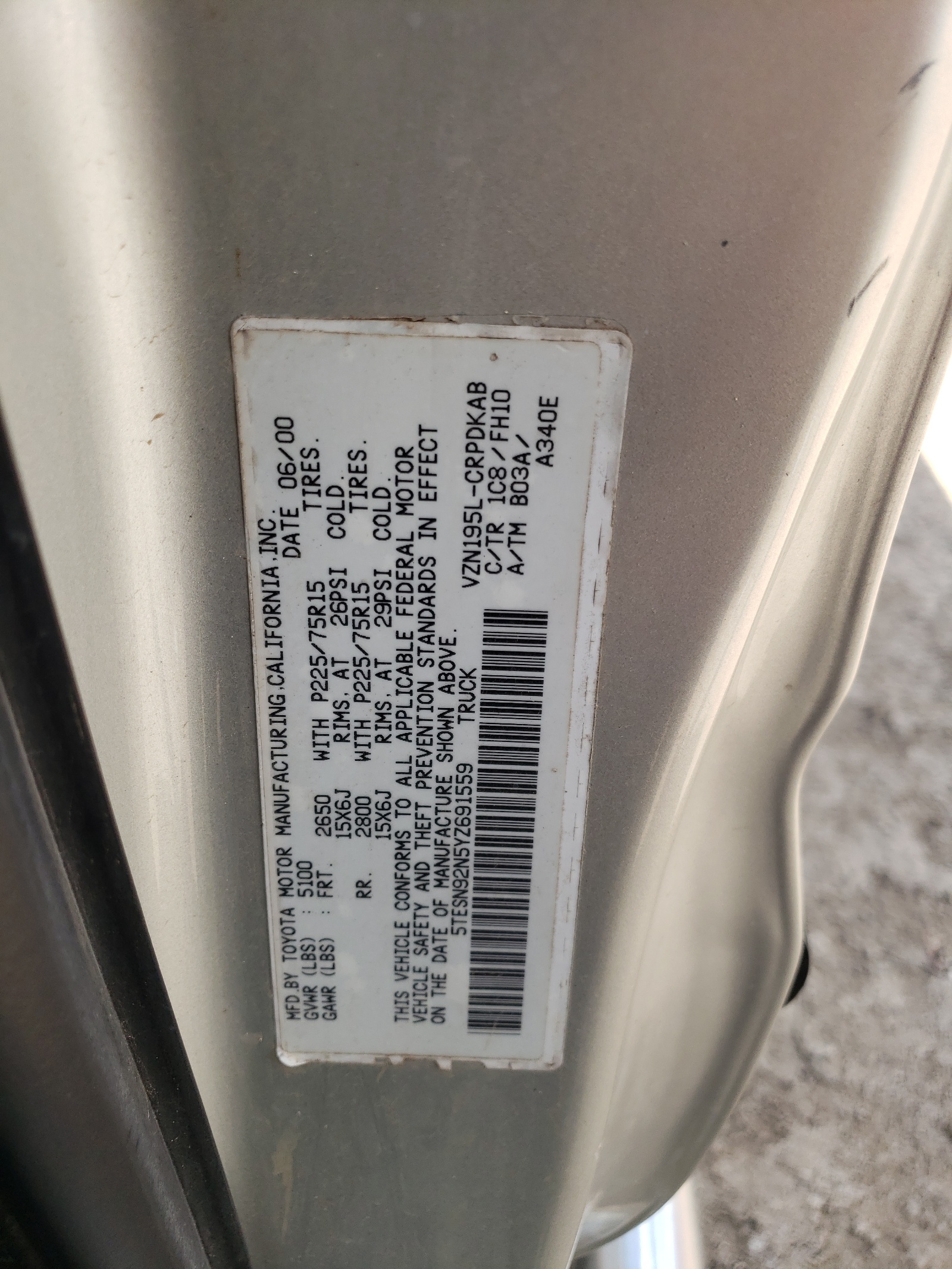 5TESN92N5YZ691559 2000 Toyota Tacoma Xtracab Prerunner