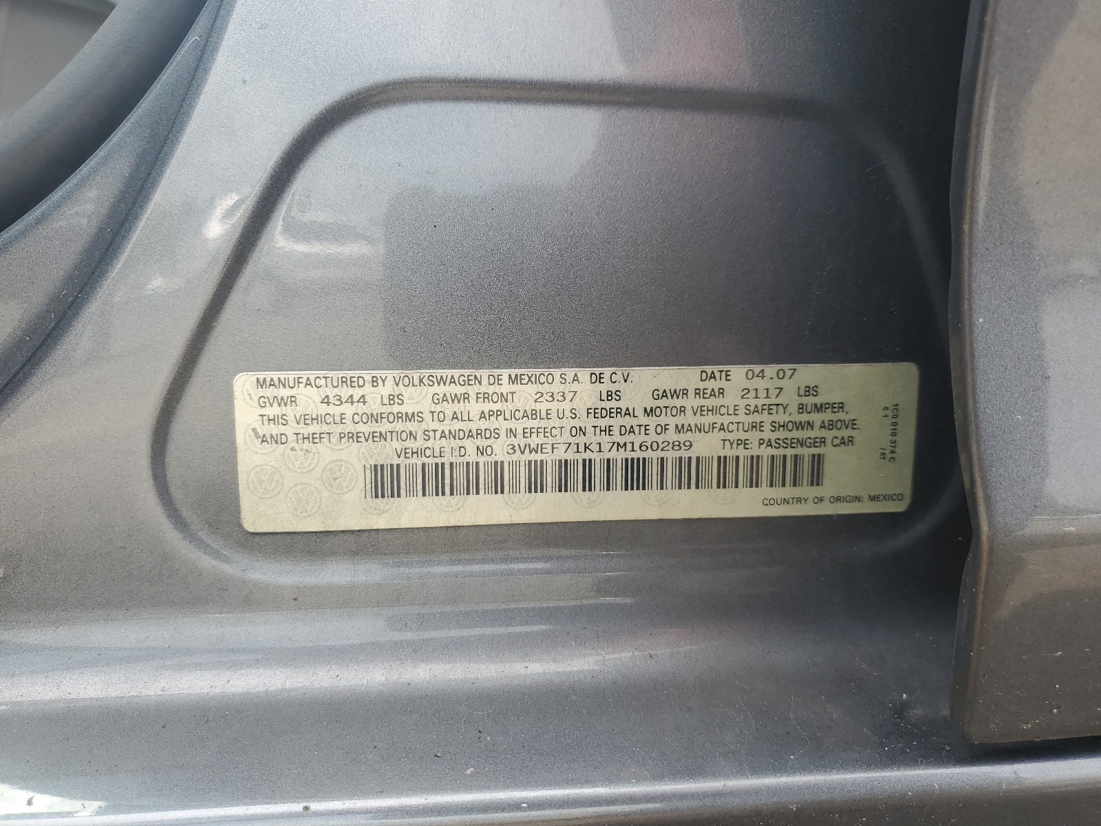 3VWEF71K17M160289 2007 Volkswagen Jetta Wolfsburg